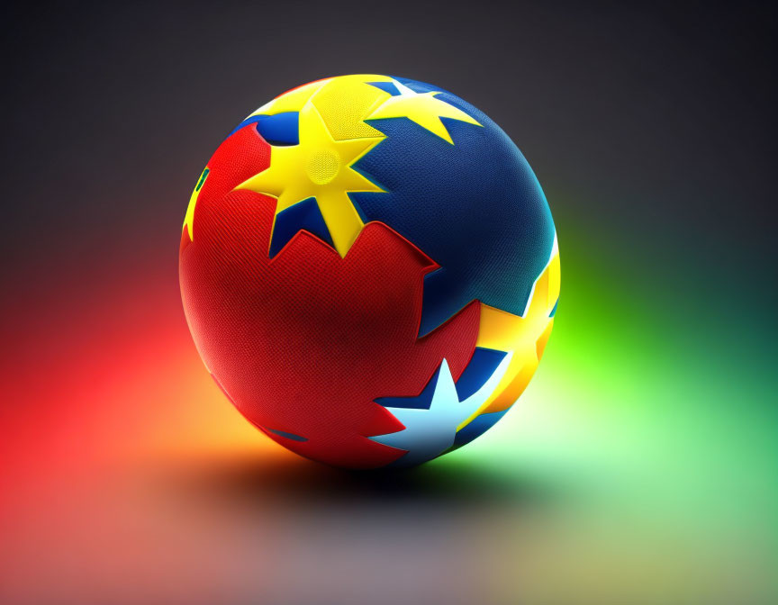 Colorful Ball with Star Patches on Red, Green, and Blue Gradient Background