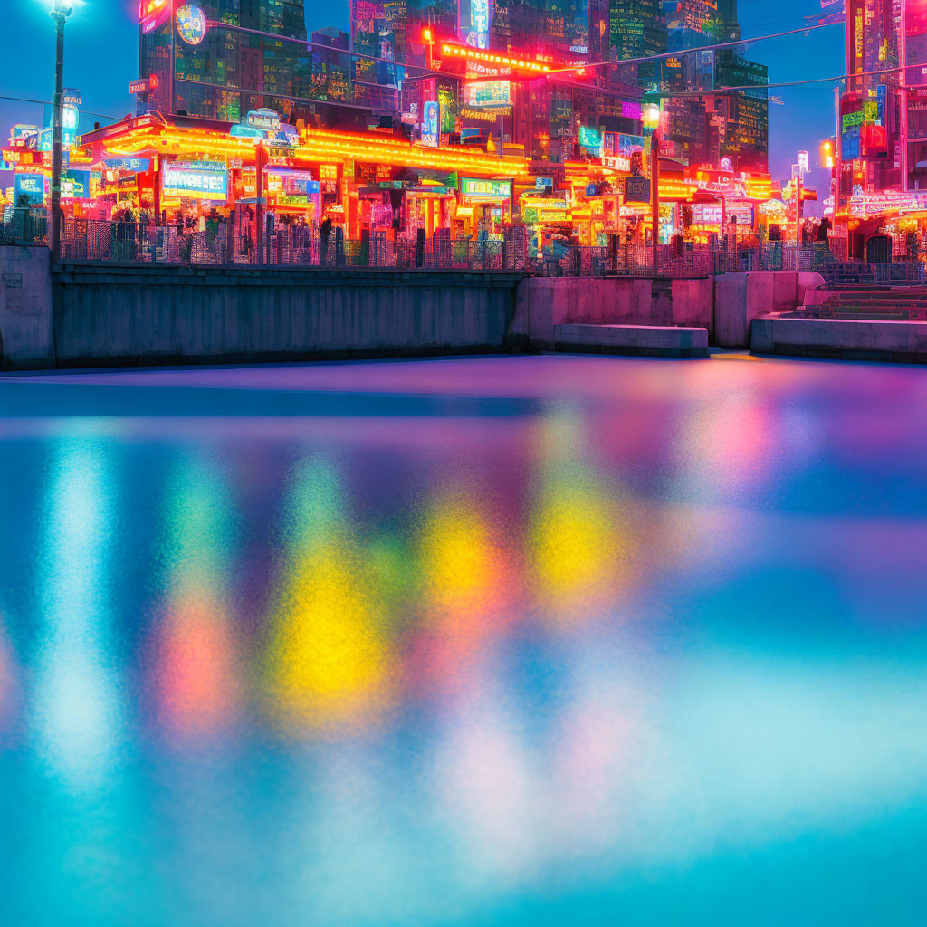 Neon lights reflecting on water in a cityscape at night