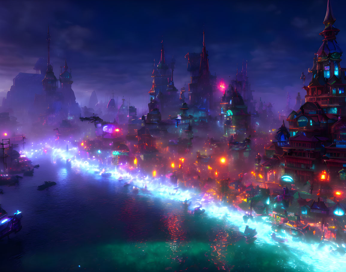 Neon-lit fantasy cityscape with glowing buildings and illuminated boats at night