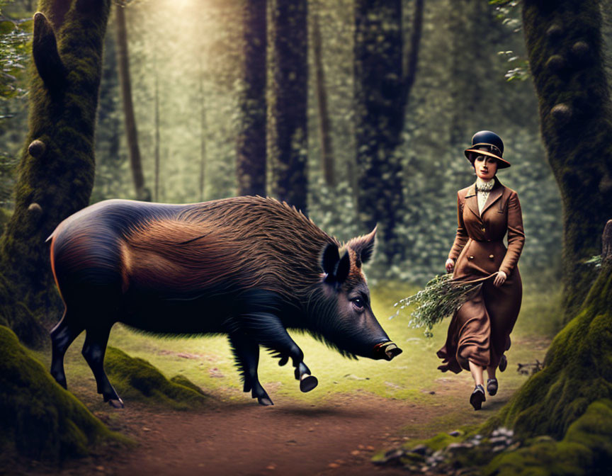 Vintage-dressed woman with wild boar in mystical forest