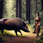 Vintage-dressed woman with wild boar in mystical forest