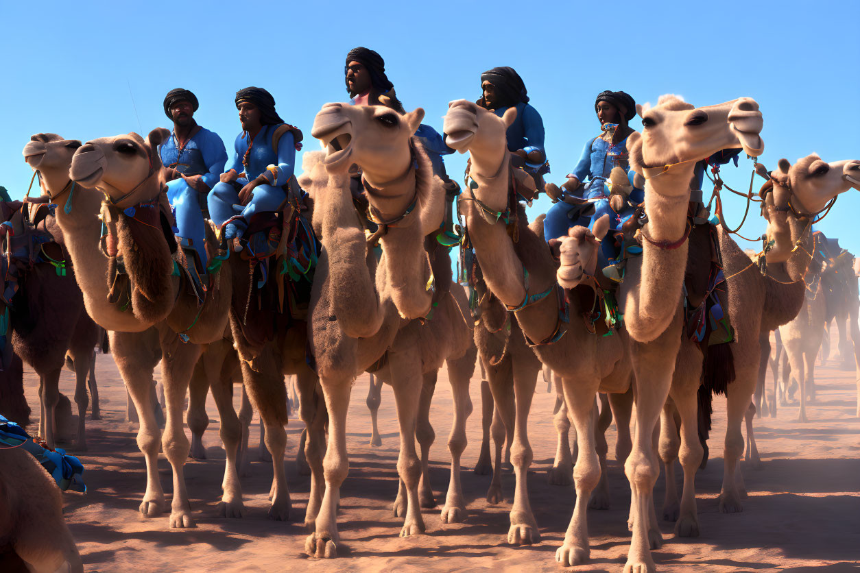 Colorfully attired riders on camels crossing sandy desert under clear skies