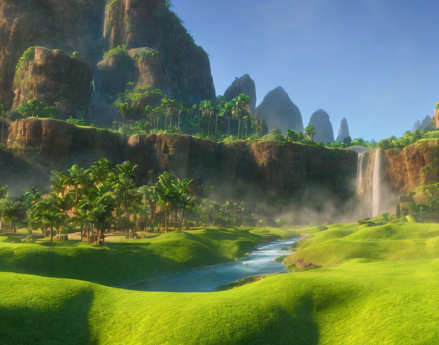 Scenic landscape with waterfalls, river, palm trees, and cliffs