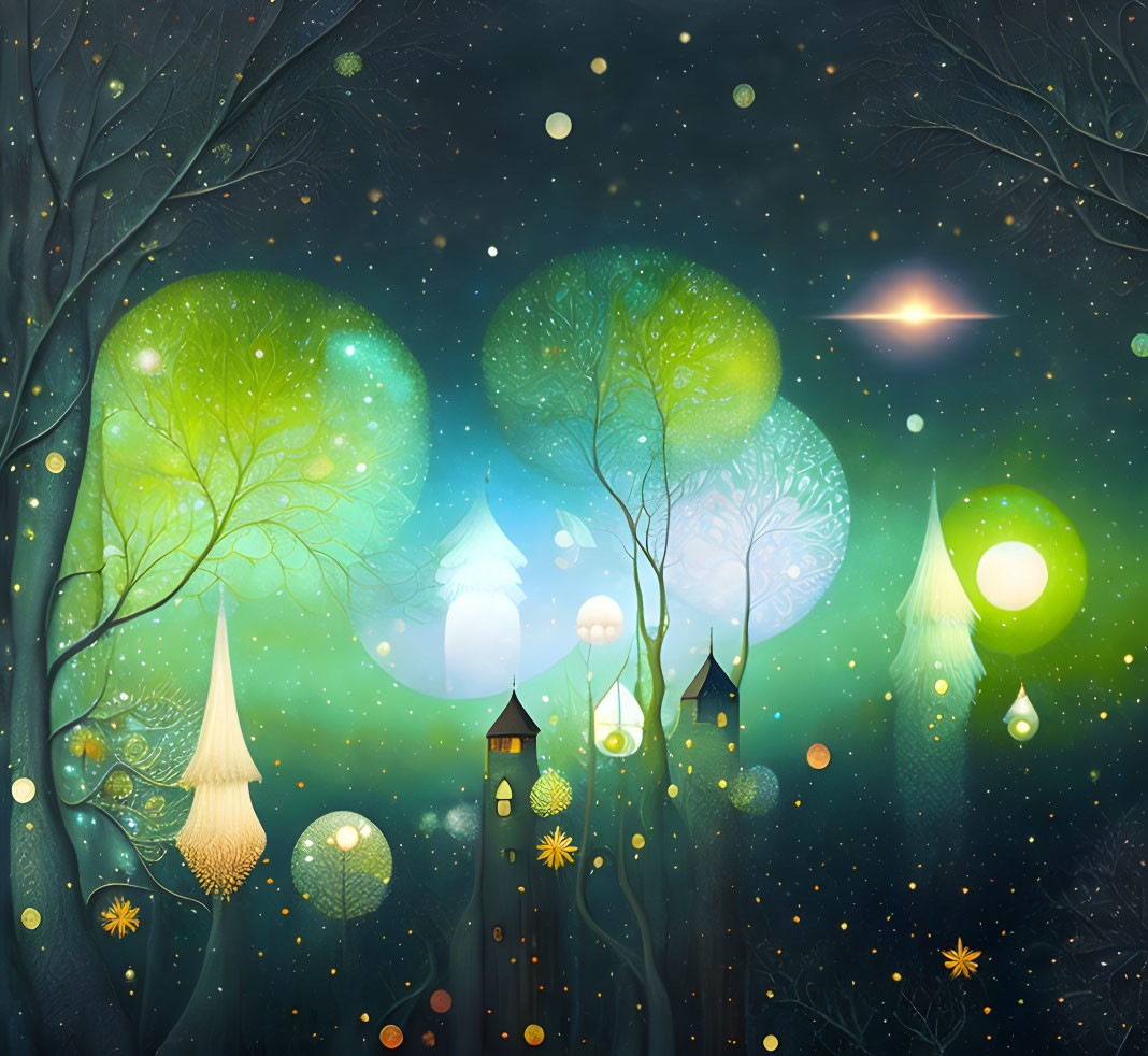 Enchanting forest scene with glowing trees and snowflakes under starry sky