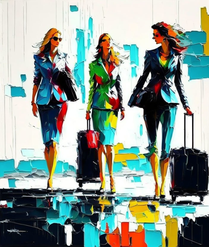 Abstract brushstroke painting of three stylish women with suitcases