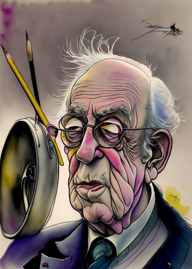 Elderly man caricature in suit with paintbrush and palette