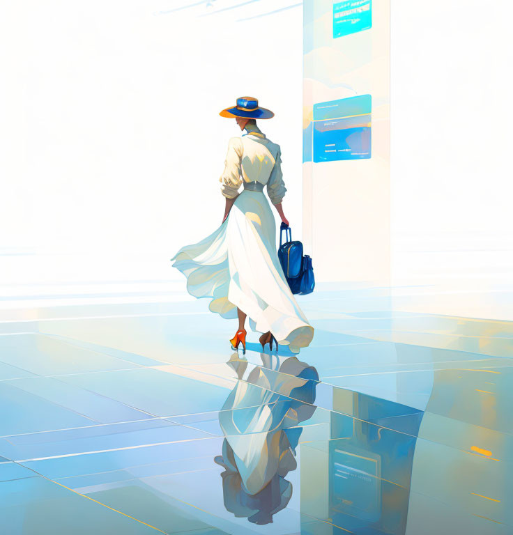 Fashionable woman in white dress and hat walking in modern space