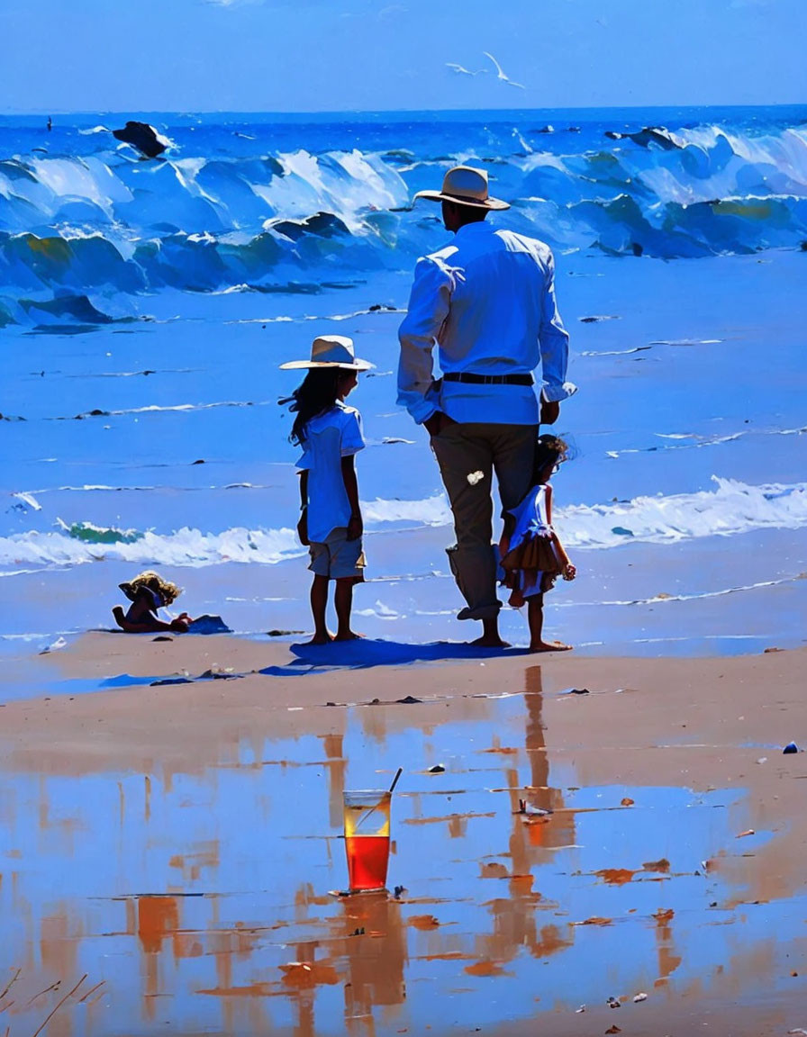 Parent and child in hats walking on sandy beach with waves and red bucket.