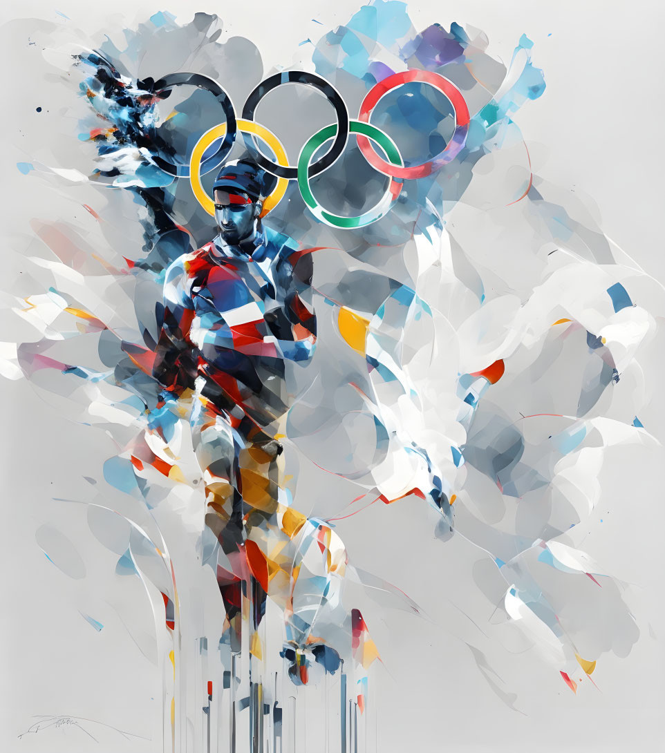 Vibrant abstract painting of Olympic skier with rings overhead