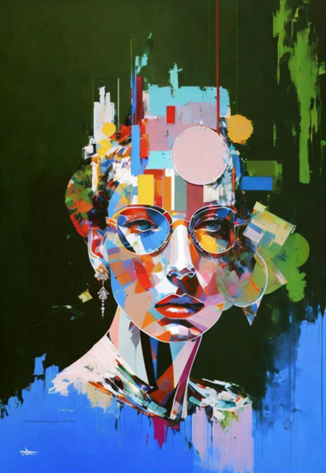 Colorful Geometric Abstract Portrait of Woman with Round Glasses