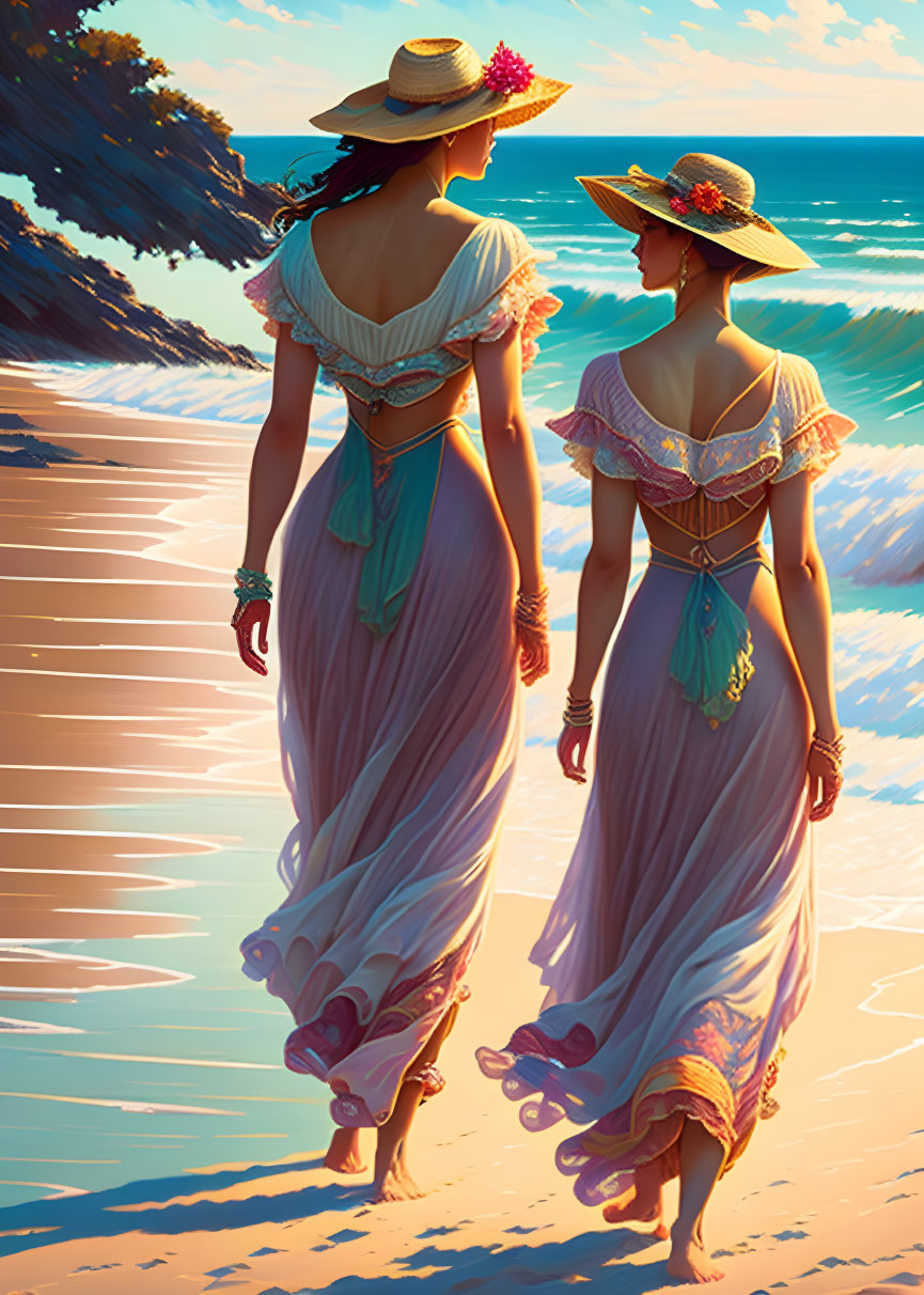 Two women in vintage dresses and hats strolling on a sunny beach