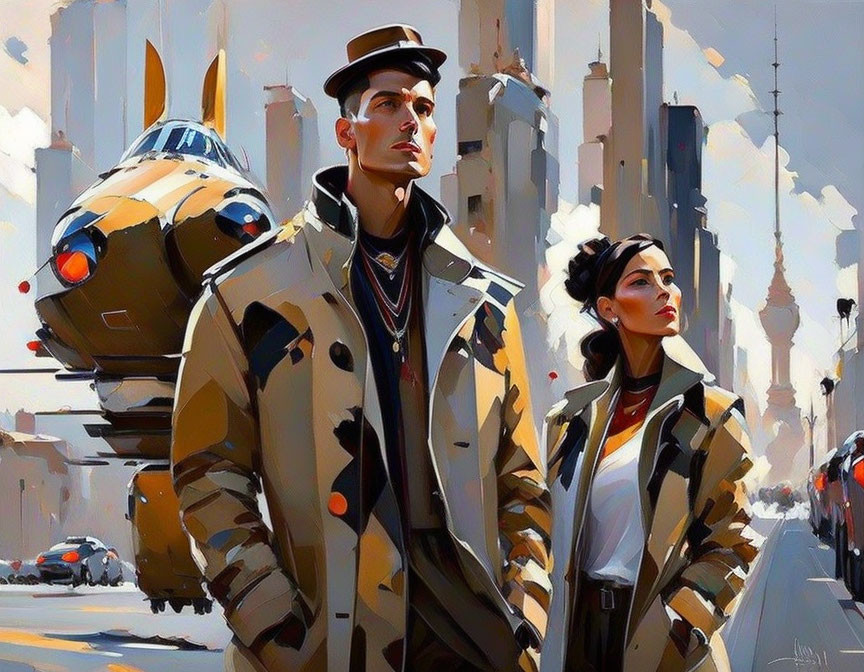 Stylized digital painting of a fashionable couple in futuristic city