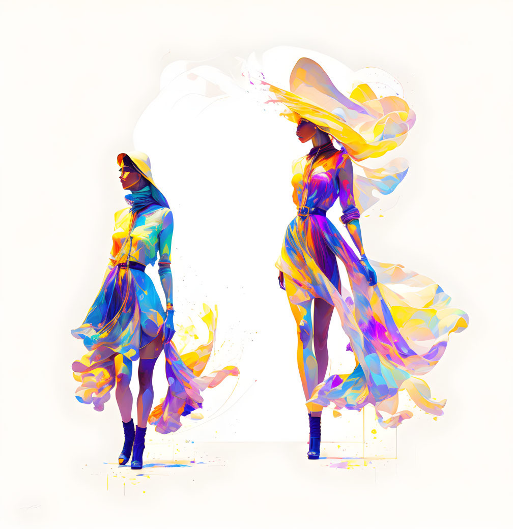 Stylized female figures in vibrant watercolor dresses