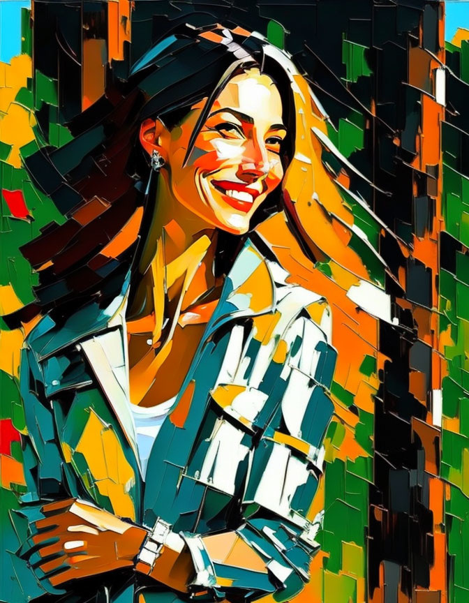 Colorful Abstract Painting: Smiling Woman in Jacket and Watch