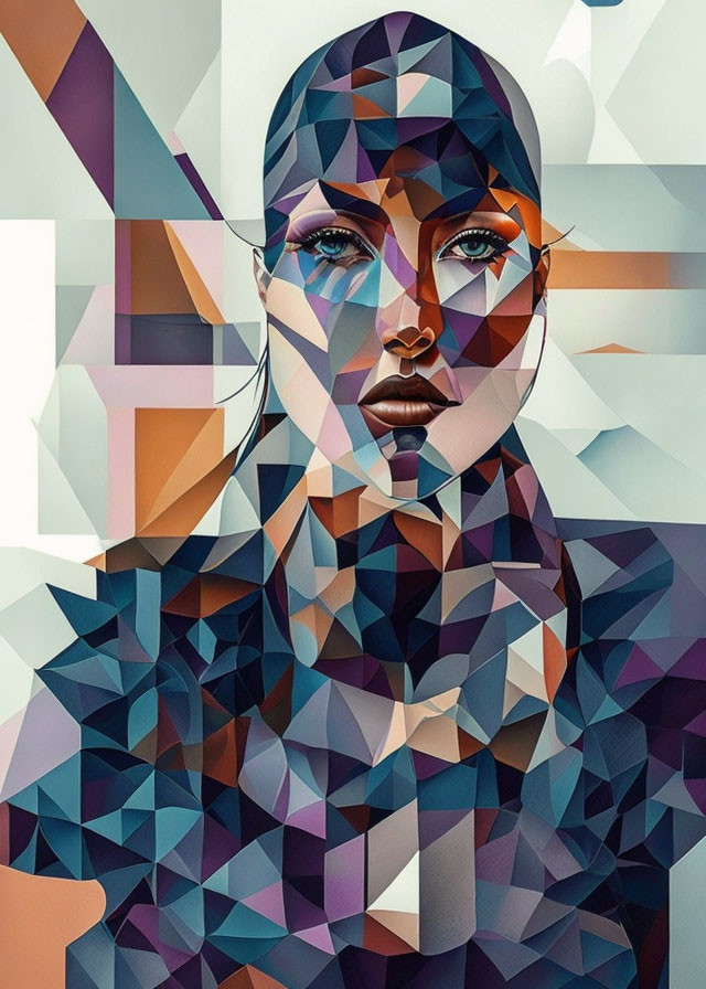 Vibrant geometric portrait of a woman with abstract shapes in cool and warm tones