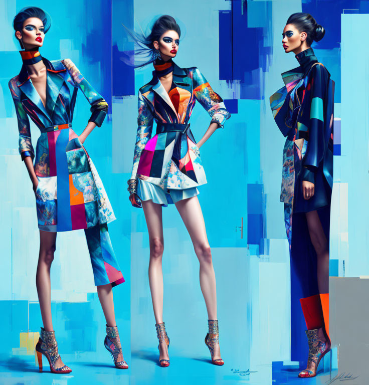 Fashion model showcasing vibrant geometric-patterned attire in three poses