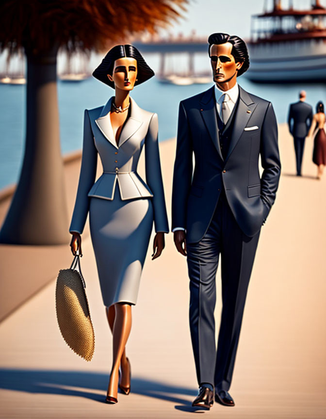 Stylish couple in blue dress and suit walking by quay