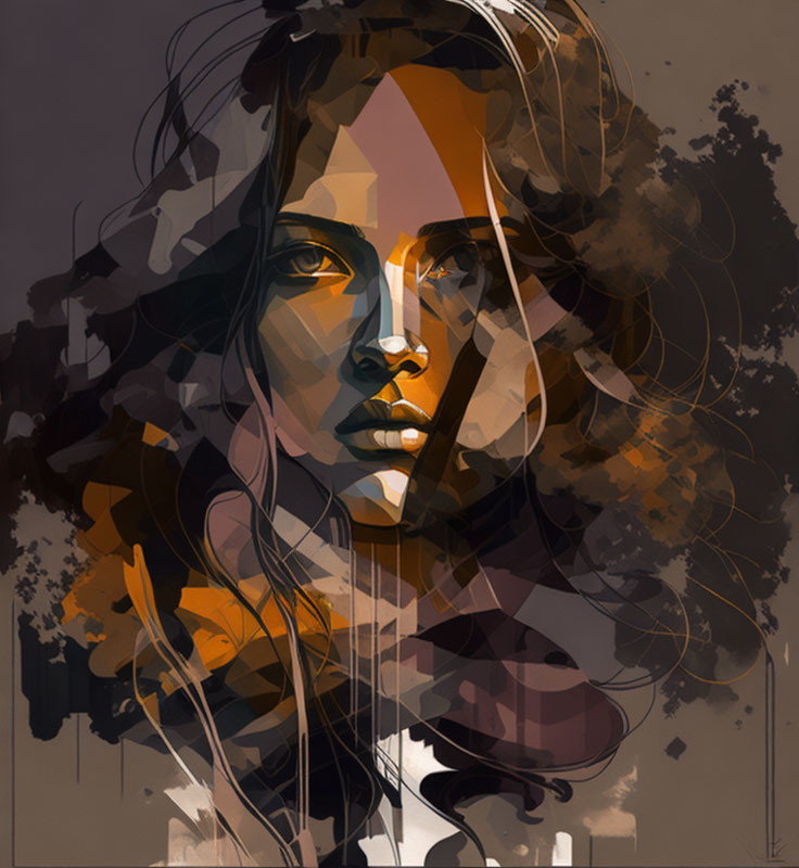 Abstract digital portrait of woman with flowing brown, orange, and cream hair.