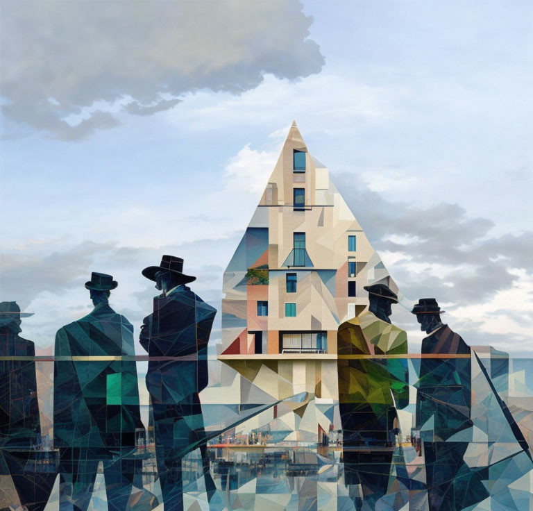 Surreal collage: Translucent silhouettes & geometric building against cloudy sky