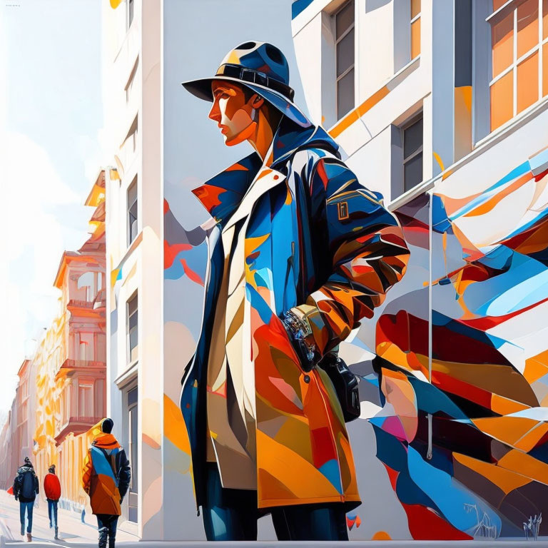 Vividly colored painting of stylized figure in trench coat on urban street