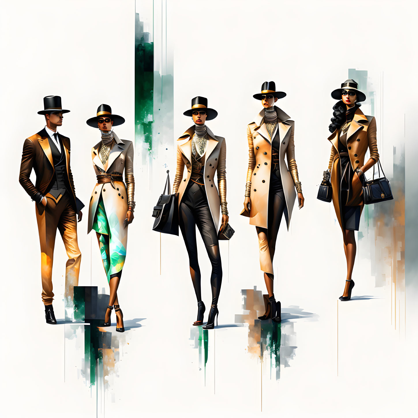 Modern Fashion Figures with Top Hats and Tailored Suits