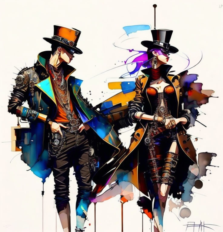 Stylized characters in steampunk attire with top hats and goggles