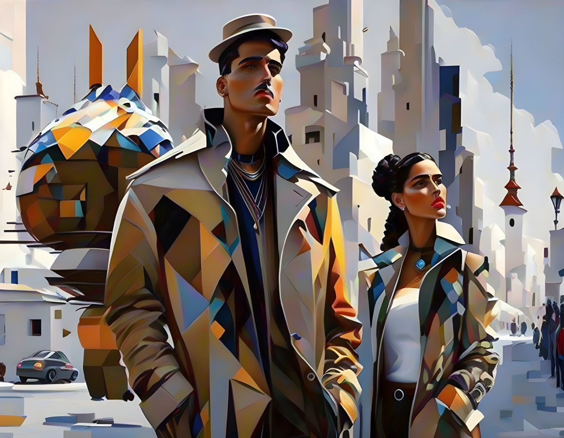 Stylized digital painting of man and woman in fashionable attire with futuristic cityscape and abstract shapes.