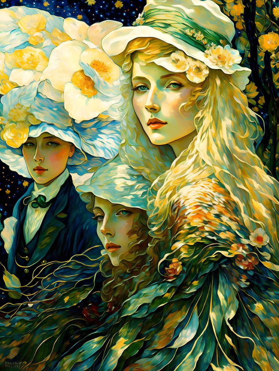 Stylized figures in ornate outfits with floral hats on starry background