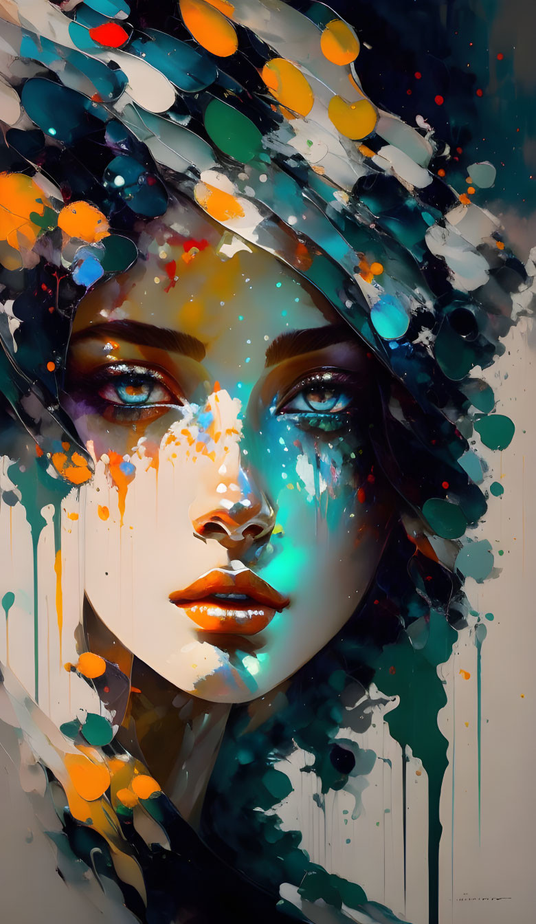 Vibrant digital portrait of a dreamy woman with abstract and realistic elements