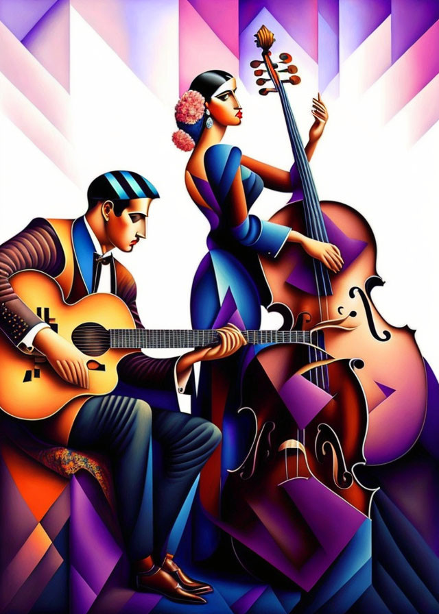 Stylized painting of two musicians playing guitar and double bass