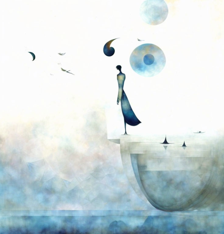 Surreal monochromatic artwork with figure, birds, orbs, and boat in aquatic dreamscape