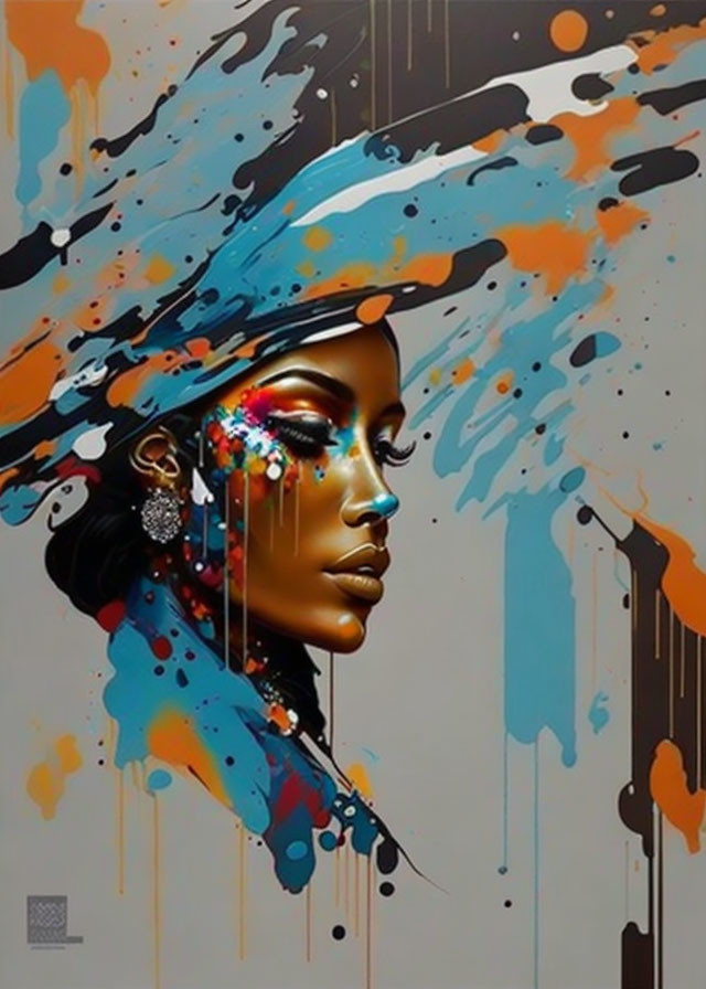 Colorful artwork featuring a woman in profile with dynamic paint splashes mimicking a headdress