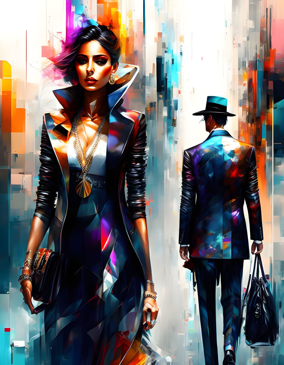 Colorful digital artwork featuring stylish woman and man in abstract outfits