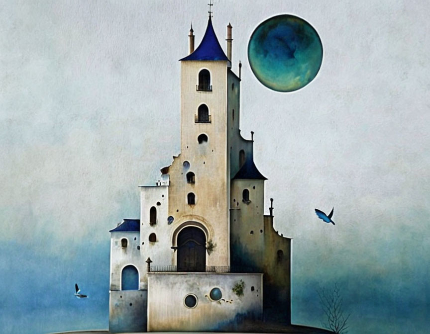 Ethereal artwork of whimsical castle under large moon