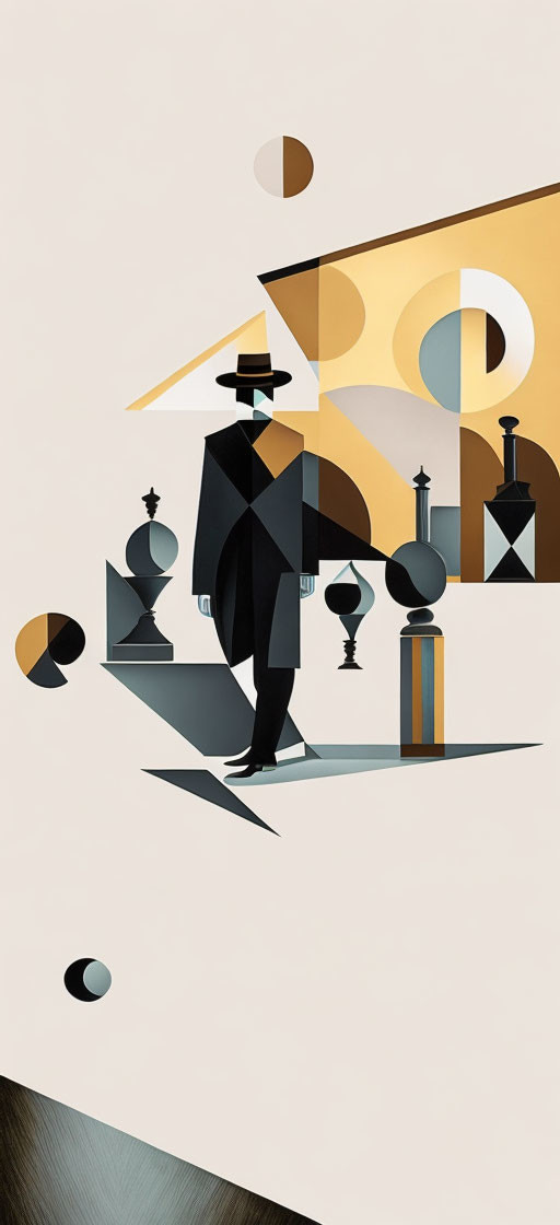 Stylized figure among geometric shapes and chess pieces in subdued colors