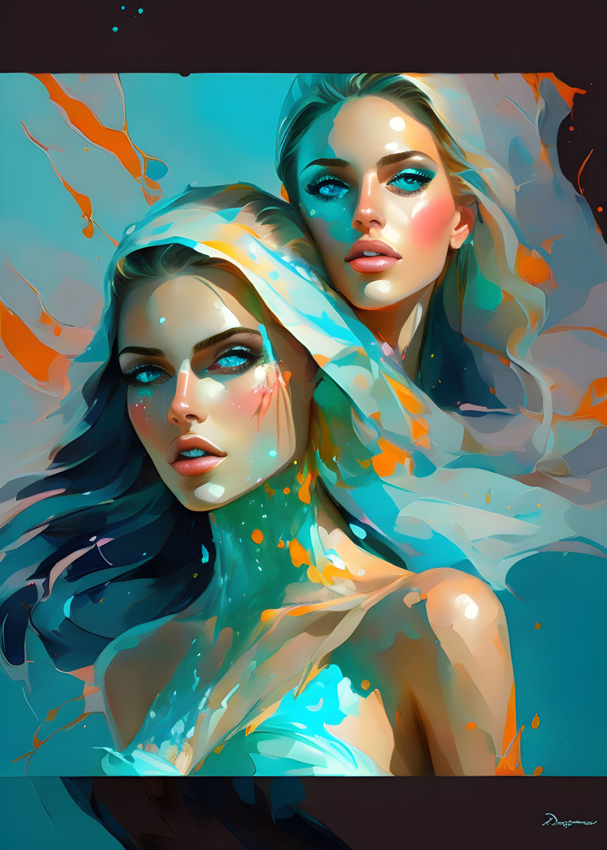 Abstract painting of two stylized women in blue and orange splashes