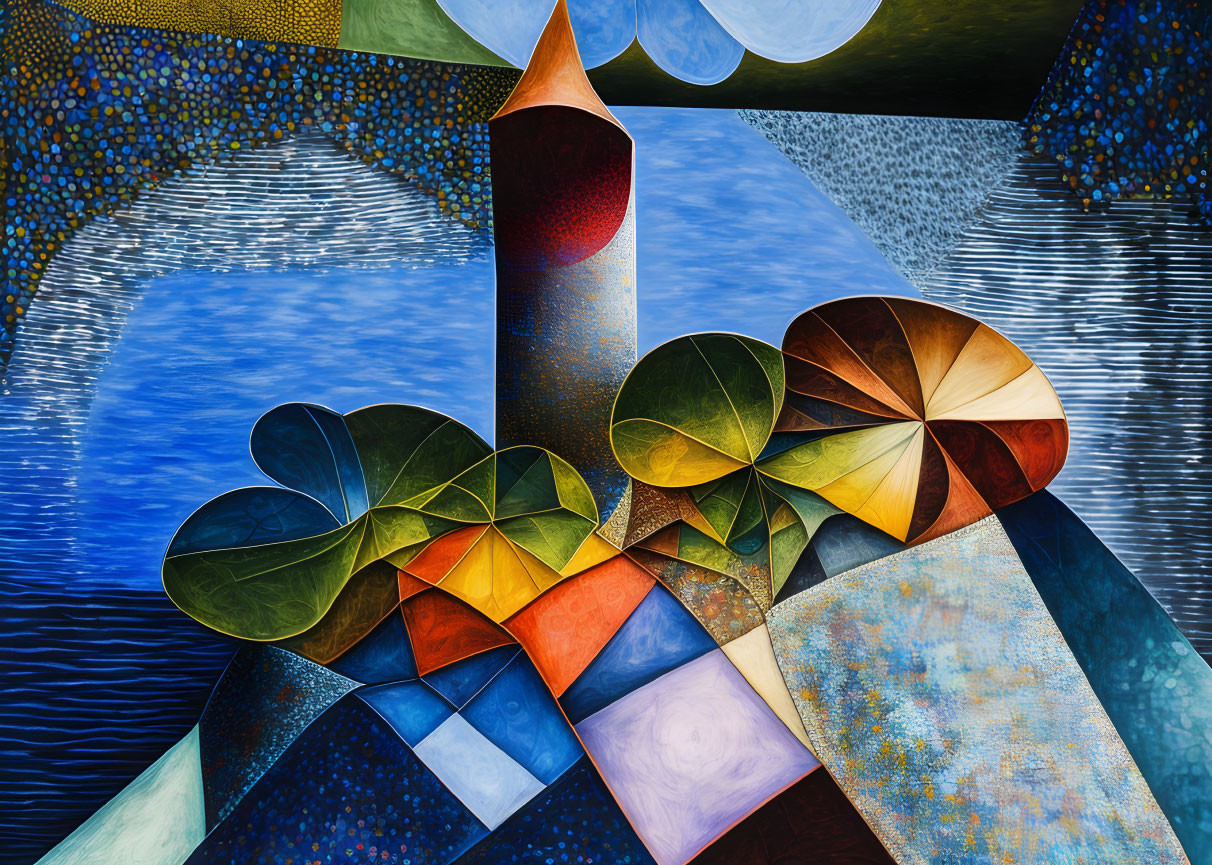 Vibrant Abstract Artwork: Geometric and Organic Shapes in Surreal Landscape