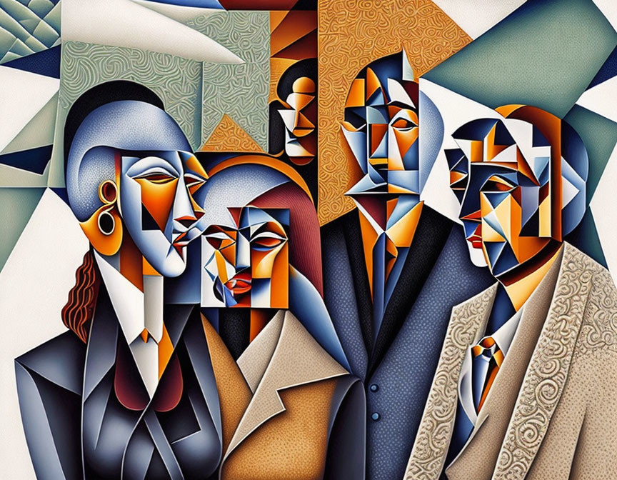 Vibrant Cubist painting of stylized, geometric figures in earthy tones