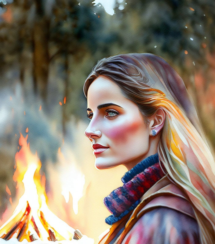 Digital painting of woman with long hair and scarf by campfire