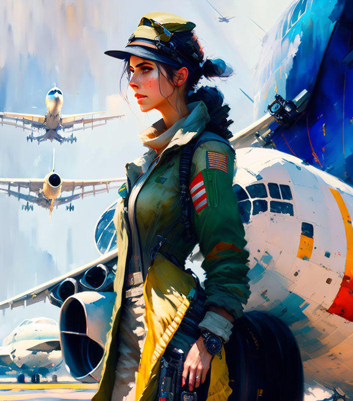 Female Pilot with Cap and Headset Surrounded by Airplanes