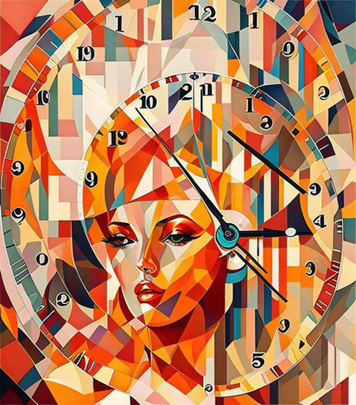 Colorful geometric artwork featuring woman's face in clock-themed backdrop