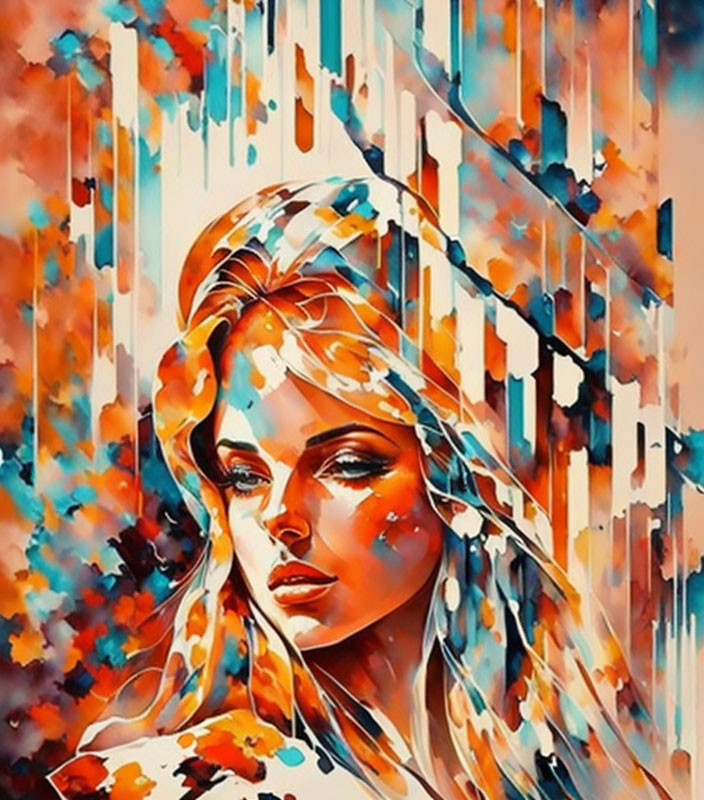 Colorful abstract portrait of a woman with flowing hair and dripping paint effect