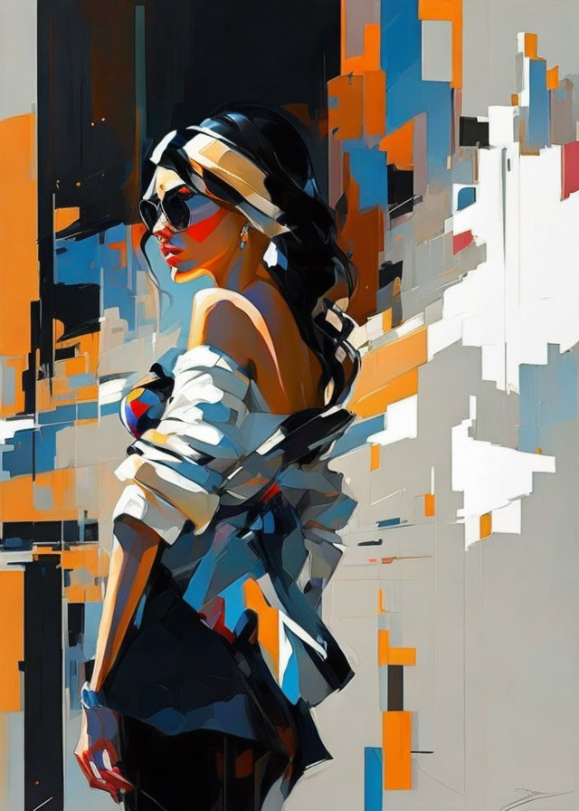 Colorful Abstract Portrait of Woman with Sunglasses and Headscarf