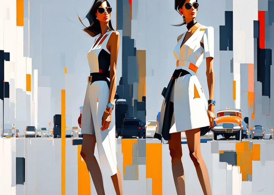 Stylized women in chic outfits against abstract urban backdrop