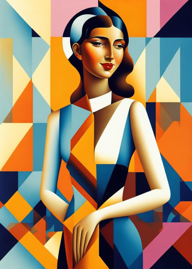 Colorful geometric portrait blending cubist and modernist styles