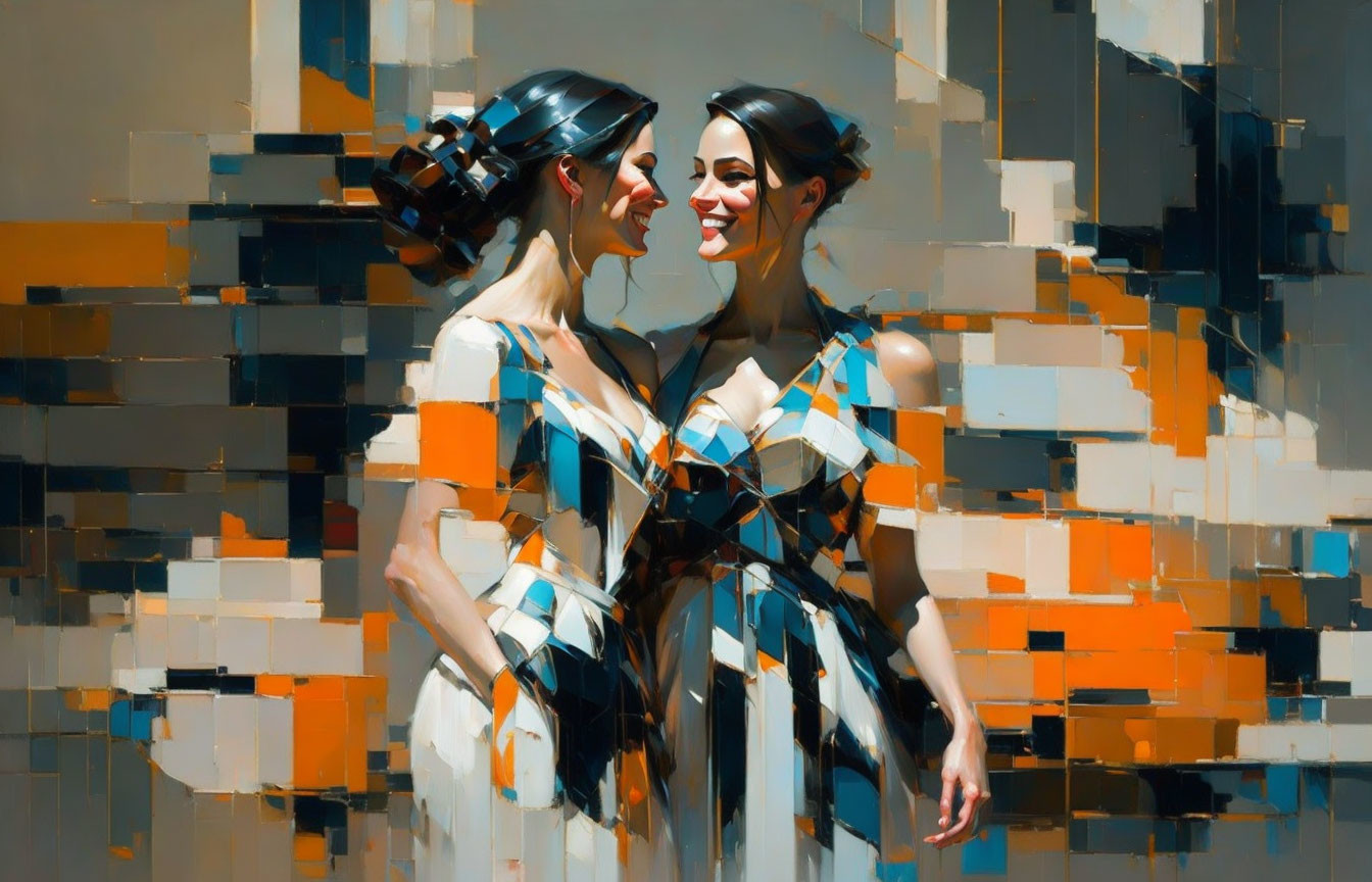 Colorful Cubist-Style Painting: Two Women in Patterned Outfits Sharing Joy