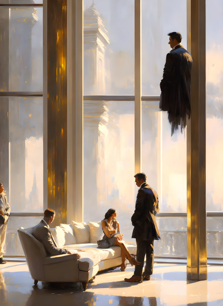 Sunlit room with people in business attire conversing and contemplating