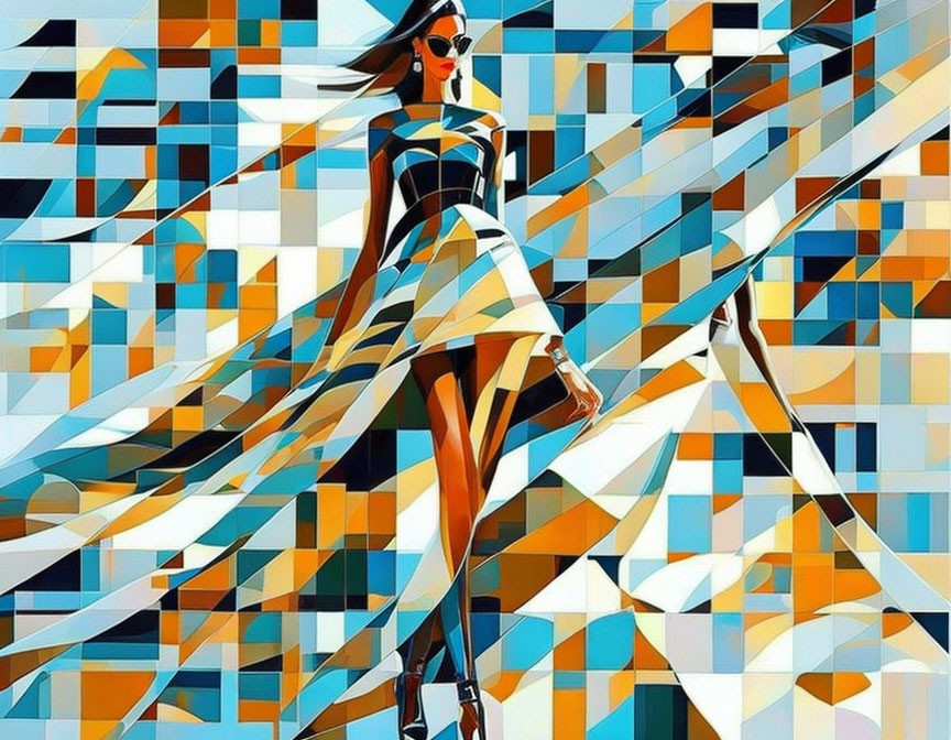 Abstract Geometric Woman Art in Blues, Oranges & Whites