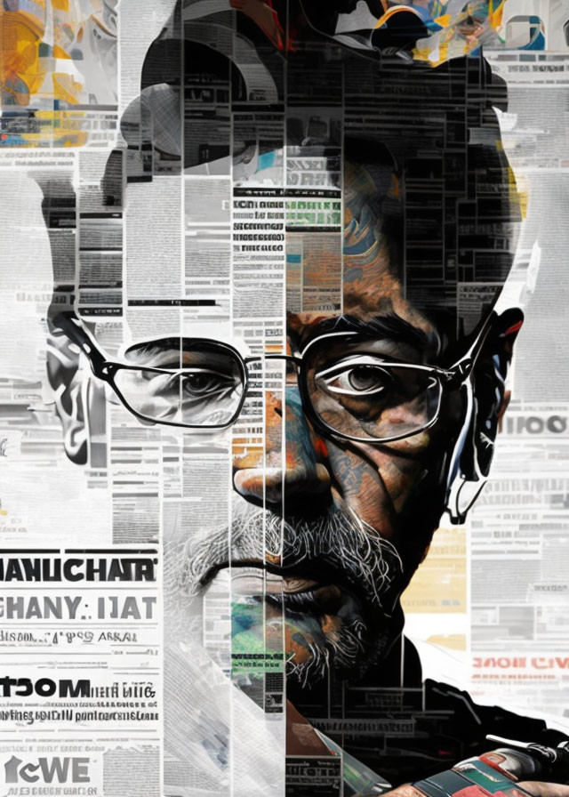 Stylized portrait of a man with glasses and beard from newspaper clippings