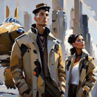 Stylized digital painting of man and woman in fashionable attire with futuristic cityscape and abstract shapes.